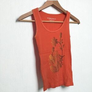 Y2k orange ribbed tank top with floral art S